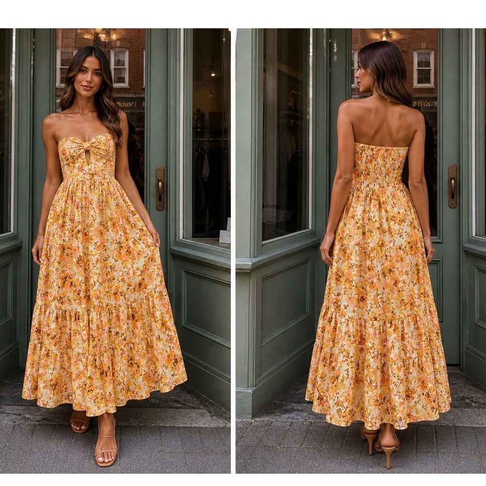Zimmermann Raie Strapless Tiered Floral Yellow Cotton Maxi Dress Dress 0P US 2P - Picture 8 of 11